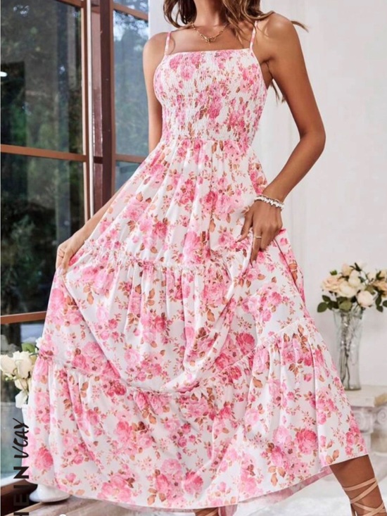 Dresses & Skirts - Floral Pink Tiered Sundress with Smocked Bodice